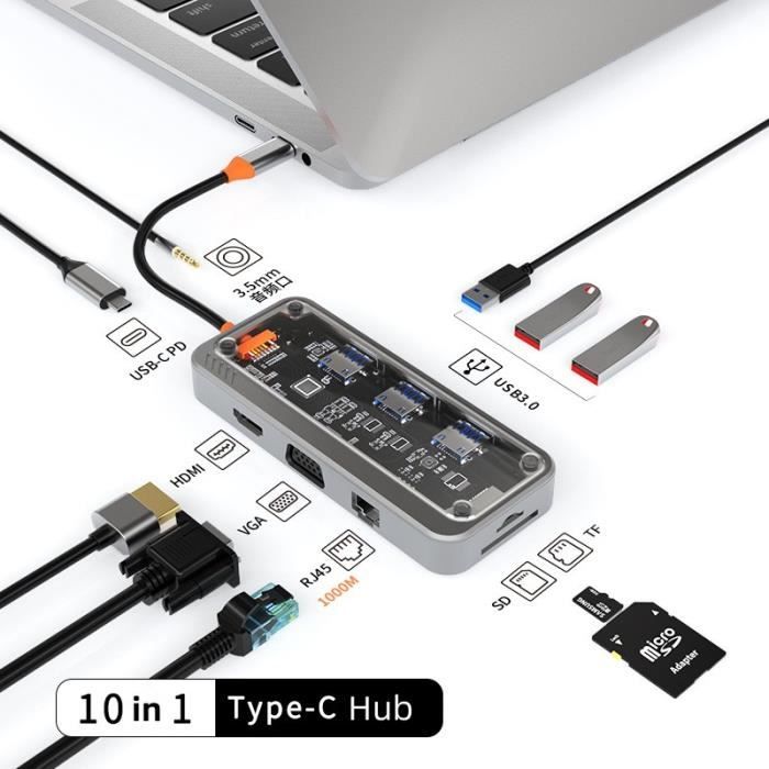 Adaptateur USB C, Nouveau modèle support Ethernet RJ45 1000M ，USB-C vers HDMI et VGA, 3 Ports tous USB 3.0,Port Audio, Lecture Cart