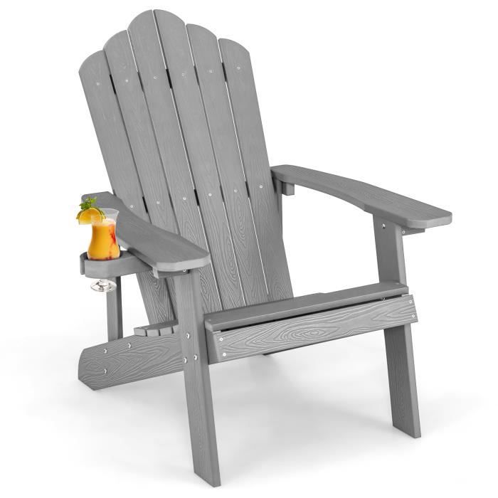 costway fauteuil de jardin adirondack en hips bois massif imperméable avec porte-gobelet charge 170kg pour piscine terrasse gris