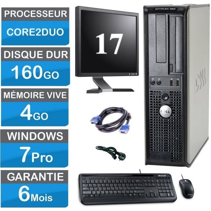 Pc complet bureau Dell 380 4Go Ram 160 Go HDD 17 écran clavier souris câble