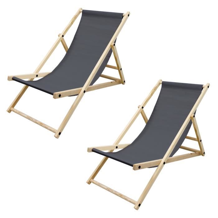 ecd germany lot de 2 chaise longue en bois de pin - anthracite - pliable - 120 kg - réglable à 3 positions - bain de soleil