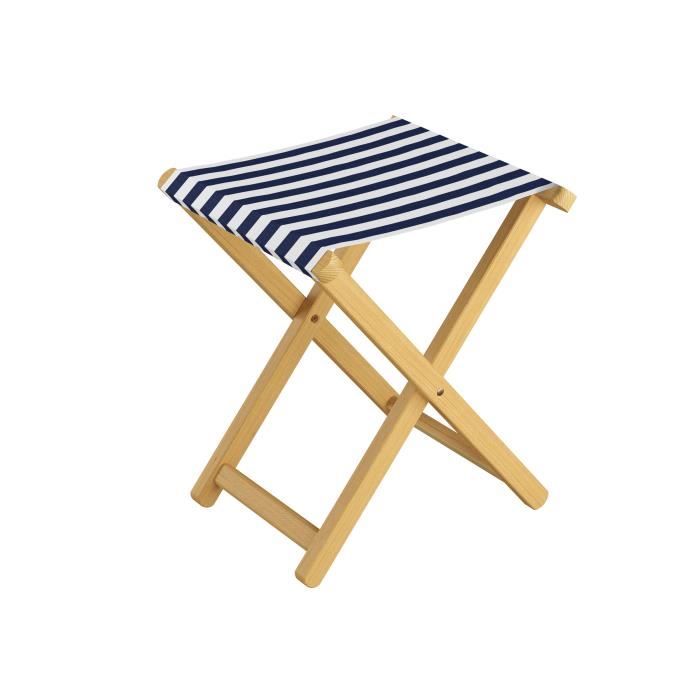 Tabouret de jardin pliable bois hêtre naturel avec tissu bleu et blanc V-10-216N-17 [pièce unique]