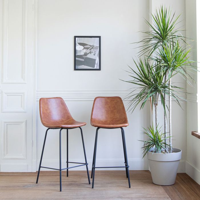 Lot de 2 tabourets de bar vintage LUCIEN cognac - Hauteur dassise 65cm
