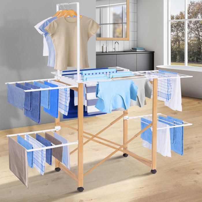 Étendoir à Linge Extérieur IDMarket Madera - Bois, Capacité 12m, Avec Câble Et Supports