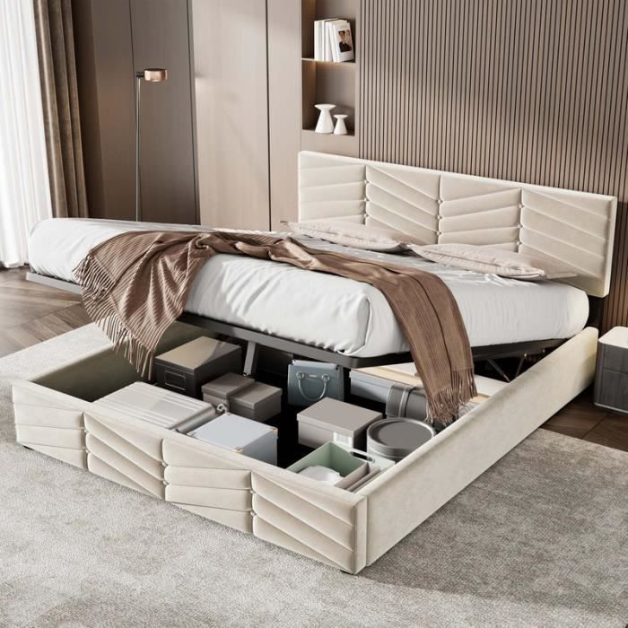 Lit coffre - MODERNLUXE - 140x200 cm - Tête de lit réglable - Tissu en velours - Beige Lit coffre - MODERNLUXE - 140x200 cm - Tête de lit réglable - Tissu en velours - Beige