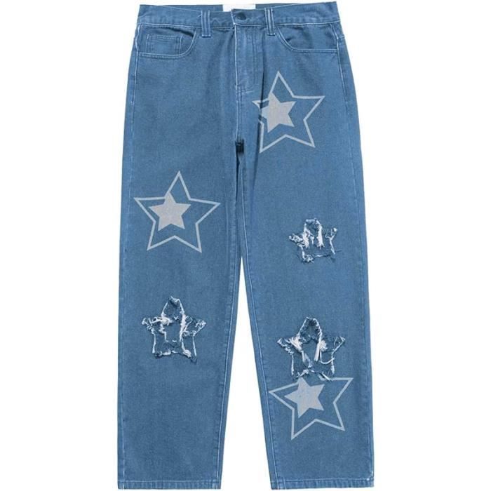 Jeans à pois mignons pour filles avec nœud papillon déchiré baggy jambes larges lavage taille élastique pantalon en denim avec poche, bleu clair, 9-10 ans