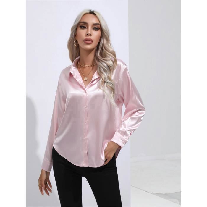 Chemisier Femme Satin Soie Col En V Manches Longues Casual Chemise Elegant  Regular Fit Couleur Unie Taille EU Rose