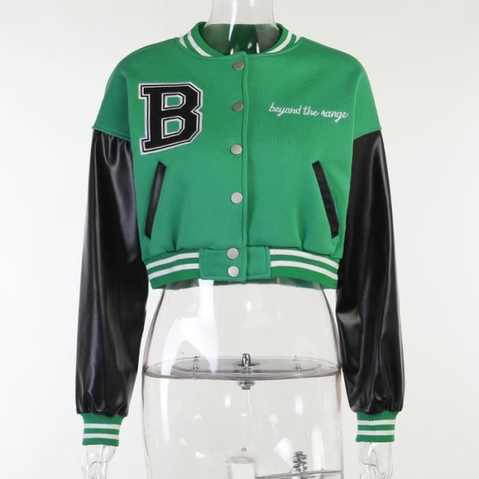 Manches en cuir veste de baseball courte pour femmes Vert