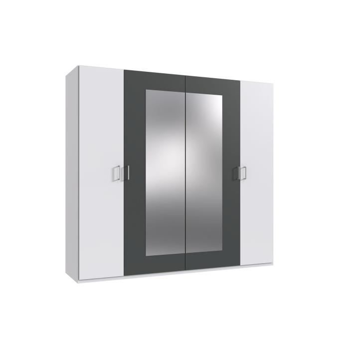 Armoire RHODES - 4 portes + miroirs - Décor Blanc et gris - L225 x P58 x H208 cm