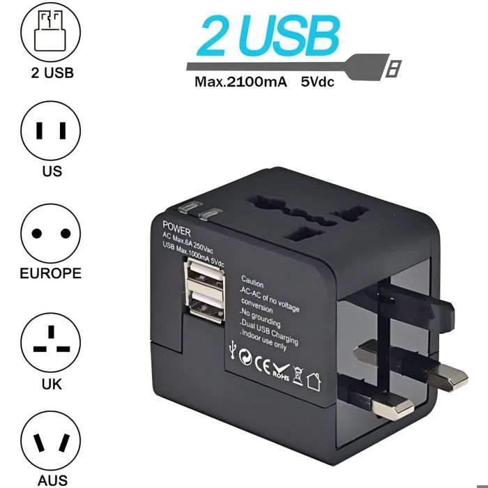 tablettes /& Ordinateurs Portables AUS et US pour t/él/éphones intelligents EU Adaptateur de Voyage Universel-Chargeur Mural Intelligent International Tout-en-Un avec 2 x 2,4A USB,1 x 3A de Type C,UK