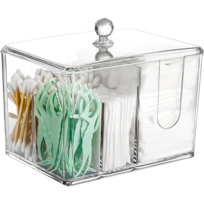 Boîte De Rangement Pour Coton Tige à 3 Compartiments - Distributeur Avec Couvercle Transparent Pour Salle De Bain Ou Coiffeuse - Blanc - 9