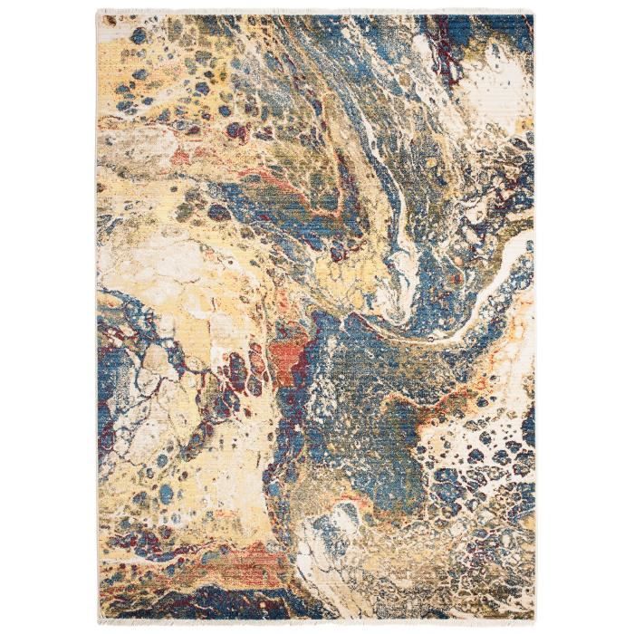 TAPISO Tapis de Salon Chambre RIVOLI Beige Bleu Foncé Cuivré Crème Abstrait Coton Intérieur