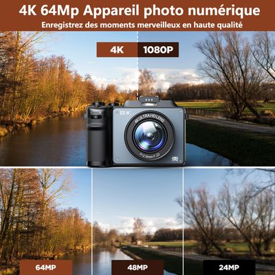 Appareil Photo Numérique Appareils Photo 64MP 4K Caméra Avec Lampe Beauté, Carte SD 64Go, Zoom 18X Et Autofocus, Écran Inclinable à 180° Camera Photo Compact Pour Youtube, Débutants, Adultes