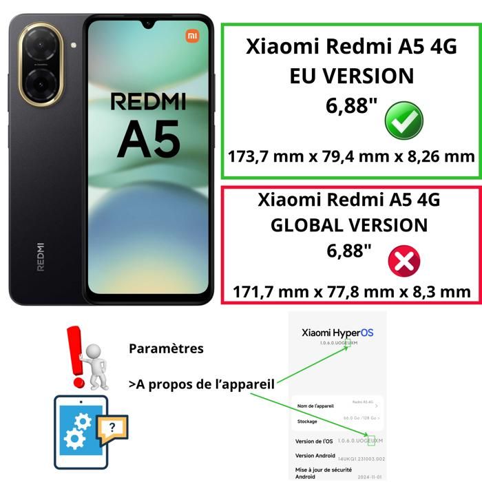 Étui Portefeuille Pour Xiaomi Redmi A5 – Housse Flip Cover En Cuir PU Avec Porte-Cartes, Béquille Et Fermeture Magnétique – Noir
