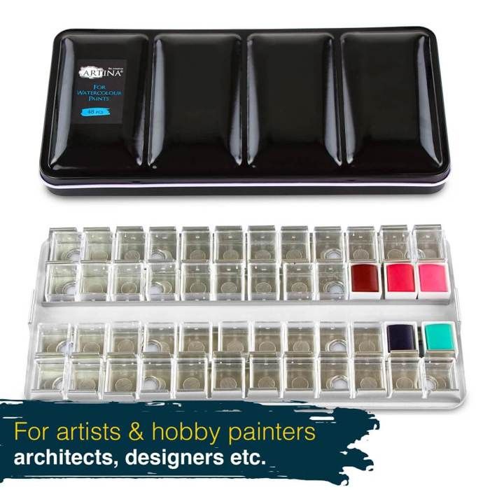 PEVART Lot de 55 pièces : 1 boîte vide pour aquarelle en métal, palettes vides, 52 poêles vides pour aquarelle, 1 pinceau à eau, 1 sac