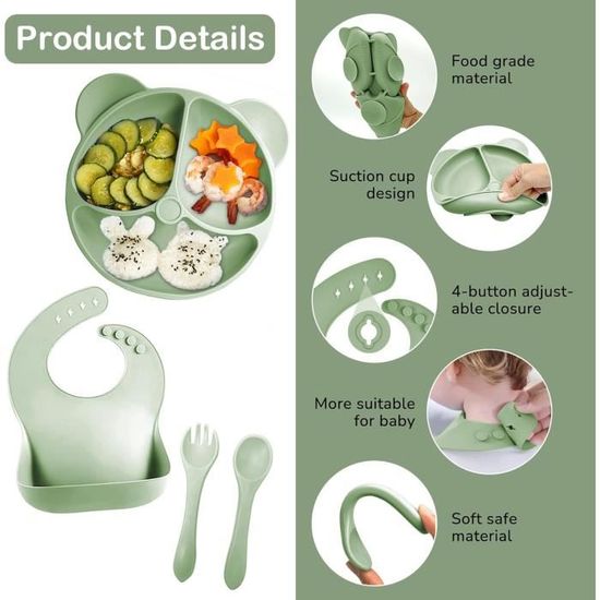 Kit Vaisselle Bébé 7 Pièces Avec Ventouse Antidérapante - Silicone Beige - Neuf Sans Marque