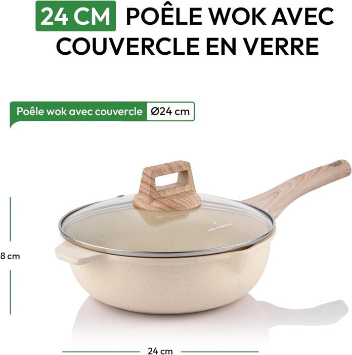 Poele Anti Adhesive avec couvercle Poele Induction 24 cm Poêle à Frire en Granit Antiadhésive