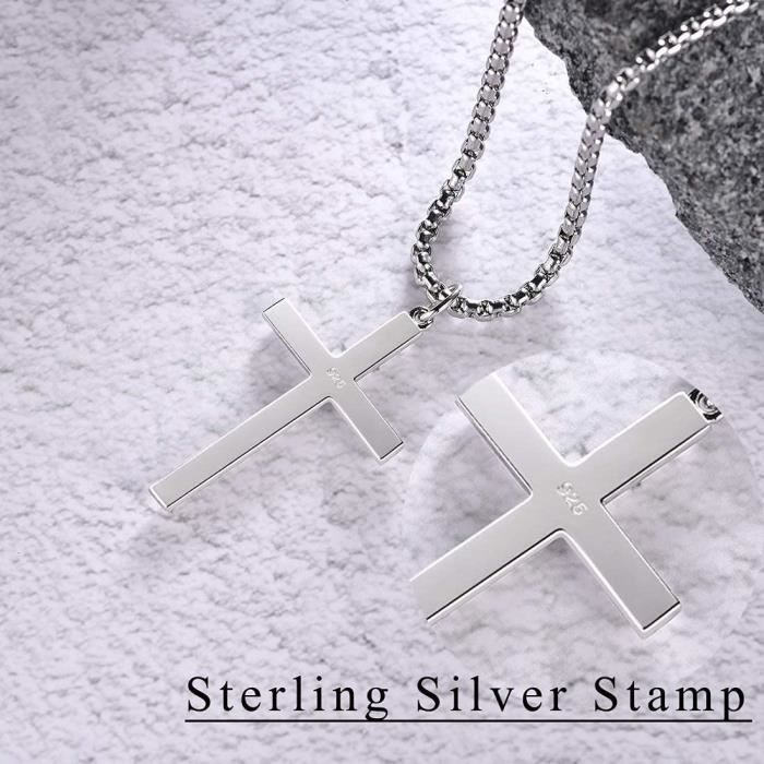 Collier Homme Croix Argent 925 - Chaîne Acier Inoxydable 61cm