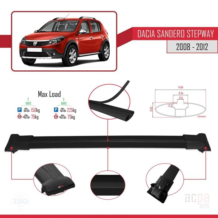 Barres De Toit Pour Dacia Sandero Stepway 2 (2012-2020) - 2 Barres Aluminium Gris, Charge 75kg - Pour Coffre, Porte-vélo, Etc.