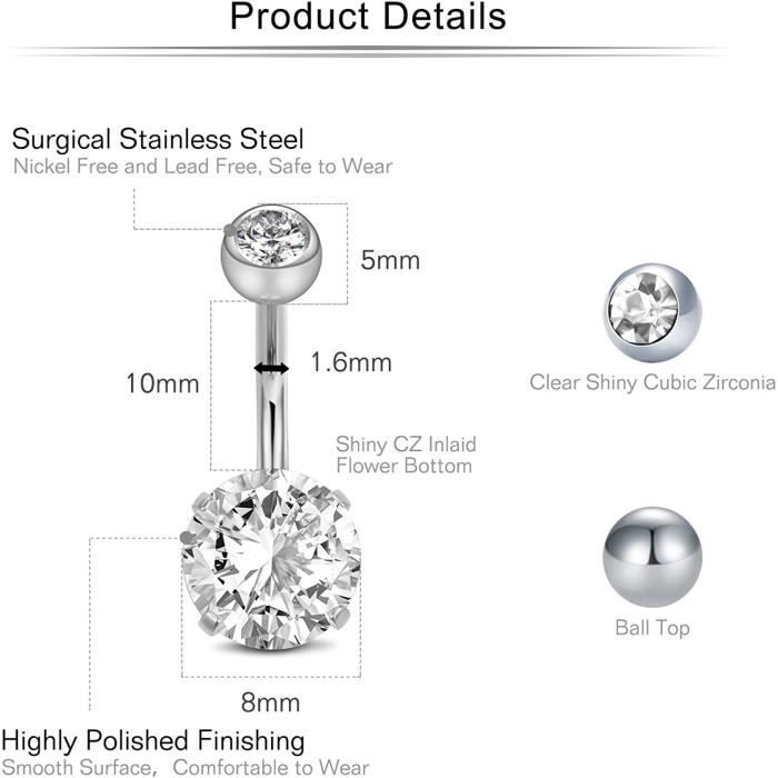 Piercing Nombril 2 Pièces 14G - Acier Chirurgical, Cristaux Cœur Et Rond, 10mm