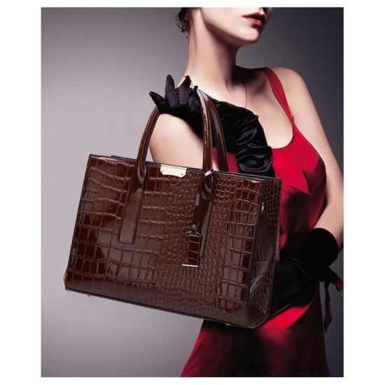 Tres beau sac a main en cuir motif Crocodile pour femmes Sac de luxe de styliste grande capacite sac a bandouliere pour dames marron Cdiscount Bagagerie Maroquinerie