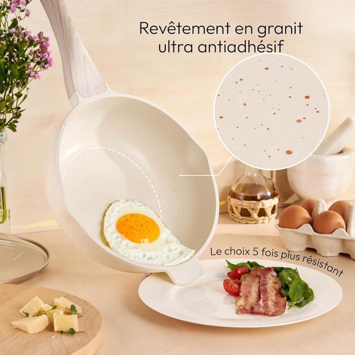 Poele Anti Adhesive avec couvercle Poele Induction 24 cm Poêle à Frire en Granit Antiadhésive