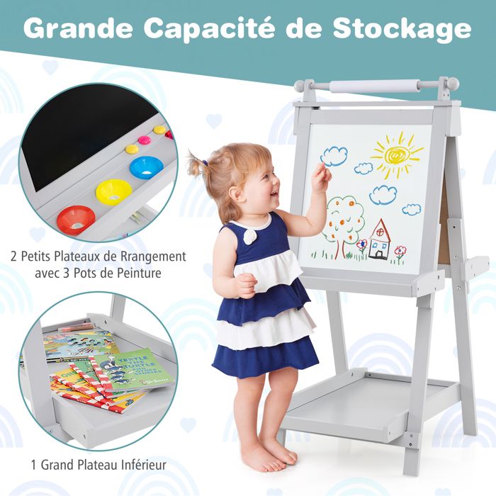 GOPLUS Tableau Enfant Double Face, Chevalet Enfant avec Tableau Blanc/Noir Magnétique Effacable, Rouleau de Papier 2 Boîtes de Rangement, pour 3+ Ans