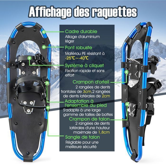 Raquettes à Neige Compactes Réglables - Pour Hommes Et Femmes - Taille 35 à 48 - Nylon Et Acier