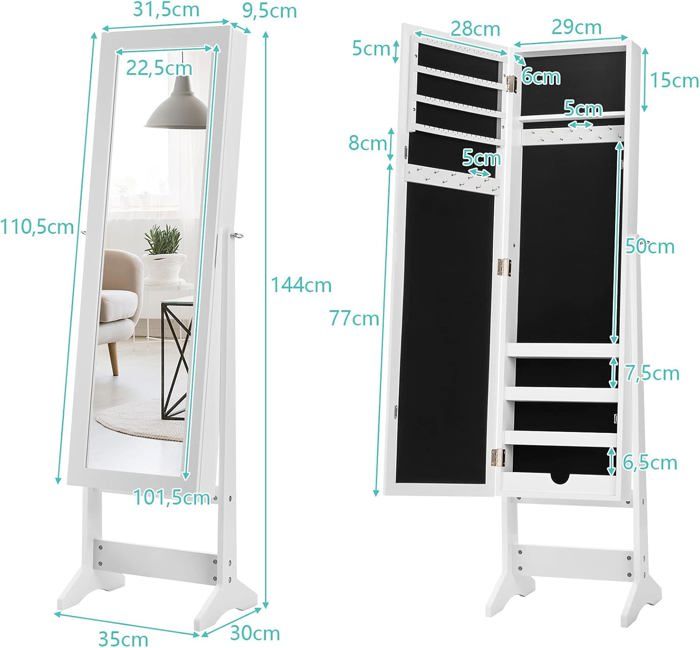 GOPLUS Armoire à Bijoux avec Miroir Inclinable en 3 Positions, Armoire à Bijoux sur Pied Grand Rangment avec 4 Étagères, Organisateur de Bijoux Réglable pour Chambre à Coucher, Salon, Blanc