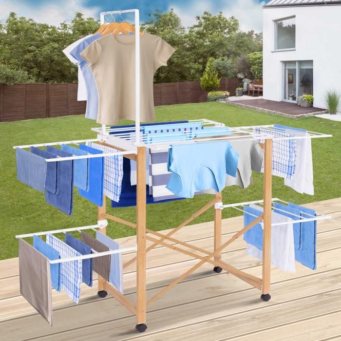 IDMarket - Séchoir à Linge à Rayons Rotatif et Pliable capacité 21M Blanc et Bois IDMarket - Séchoir à Linge à Rayons Rotatif et Pliable capacité 21M Blanc et Bois