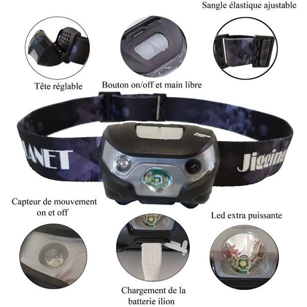 Lampe frontale led puissante batterie lithium 1200Ah rechargeable incluse et cable usb JIGGING