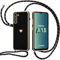 Coque pour Samsung Galaxy A15 4G-5G - Noir - Silicone Liquide avec Motif de Cœur Plaqué, Cordon en Nylon, Protection Antichoc