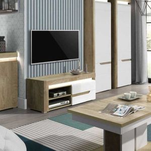 Meuble TV d'angle - BAÏTA - Gamme LYNA - Blanc et effet chêne - L 115 x P  55 x H 53,5 cm - Cdiscount Maison