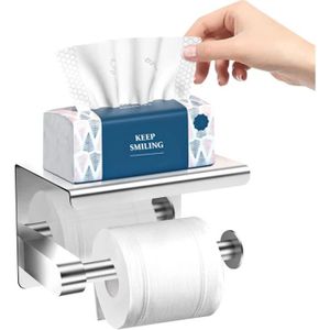 SERVITEUR WC Porte Papier Toilette, Support Papier Rouleau sans Percage Derouleur Papier WC,Distributeur Papier avec Tablette, Acier INOX SUS258