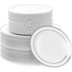 Crystal- Assiette jetable blanc avec bord en argent 19cm (10 pieces)