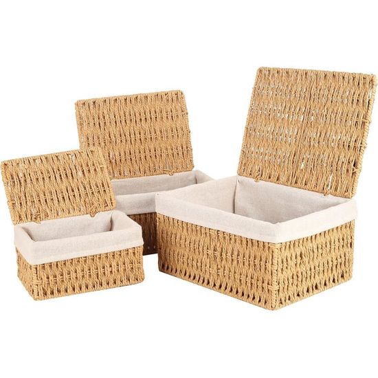 Lot De 2 Paniers Rangement Bohème Jute – Panier Osier Empilable Avec Doublure Pour Salle De Bain, Salon, Étagères