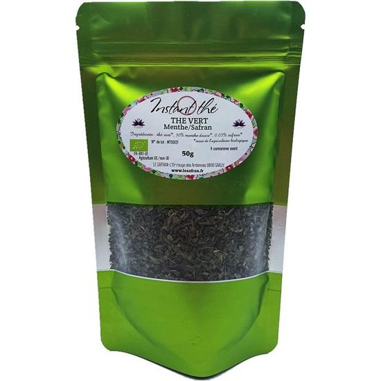 AJWSachet Thé vert MentheSafran 50g Certifié bio en vrac 35 tasses