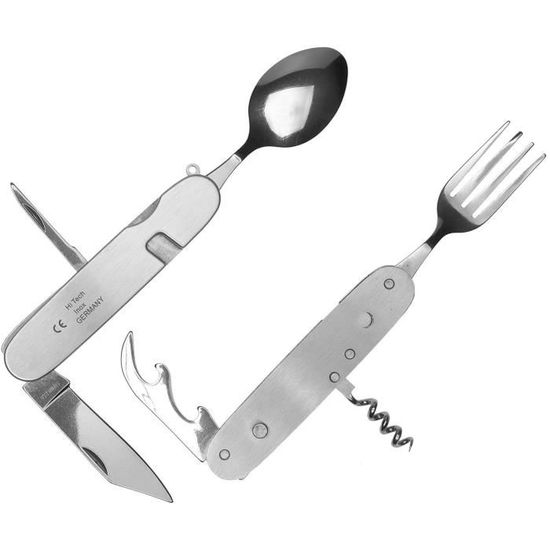 Couteau Suisse Couvert Couteau de Camping Outil Multifonction Couteau de Poche avec Fourchette et Cuiller Couverts d'Extérieur Pli