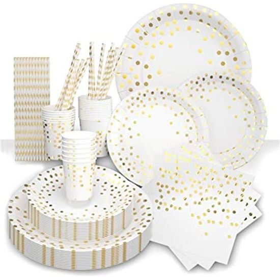 Kit Vaisselle Jetable Anniversaire - 25 Invités, Or Rose, Assiettes, Gobelets, Serviettes, Pailles