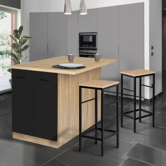 Îlot Central Cuisine 120cm - Bois Hêtre Et Portes Blanches - Avec Plan De Travail Et Rangements