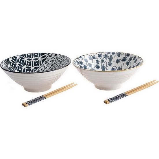 2 Ensembles (6 Pièces) Bol à Soupe Ramen Japonais En Porcelaine, Grandes Saladier Cuillère Et Baguettes, Va Au Lave-vaisselle Et Au Micro-ondes, Pour Nouilles Asiatiques, Noir (24cm
