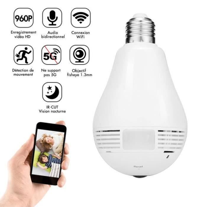Caméra de sécurité Wifi IP TECHSTICK Caméra de surveillance 960P 360° Ampoule LED et Moniteur maison pour famille, enfants, parents
