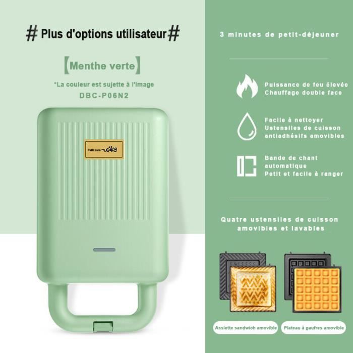 Bear électrique Machine à Petit - Multicuiseur - Croque Monsieur - Déjeuner Sandwich - Grille Pain Croque Monsieur - Vert