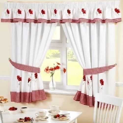 Coquelicot Vichy Cuisine Brodé Rideaux Rouge Blanc W66 - X L48 - Embrasses Incl.