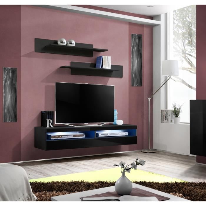 PRICE FACTORY - Meuble TV FLY design, coloris noir brillant. Meuble suspendu moderne et tendance pour votre salon.