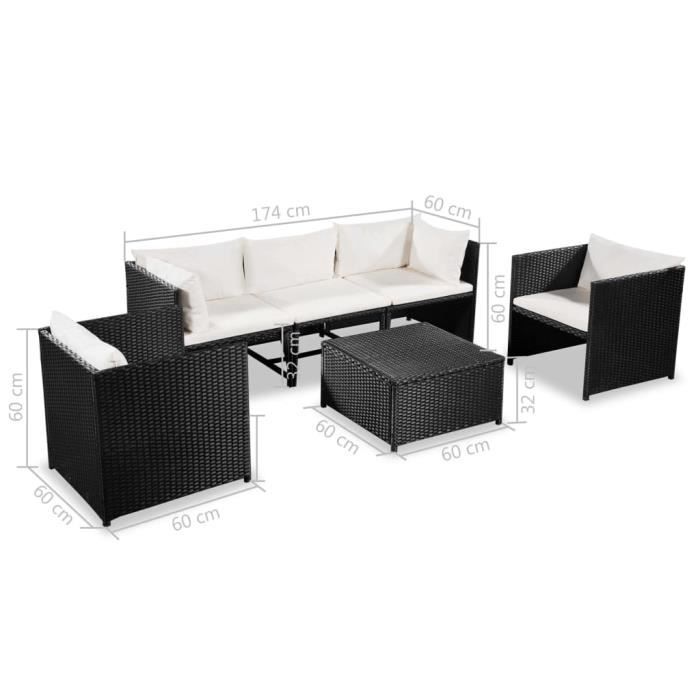 Ensemble de salon de jardin confortable de 6 pièces avec coussins en poly rotin noir pour l'extérieur HB069