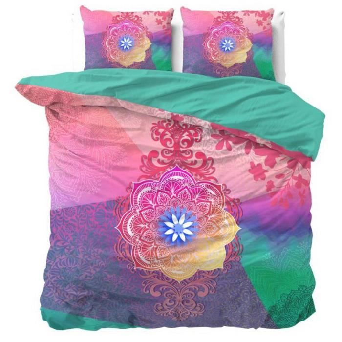 NANDO Housse de Couette 240x220+2 Taies Oreiller 60x70-100% Coton Parure de Lit Set 3pcs Mandala Oriental Turquoise Rose Violet