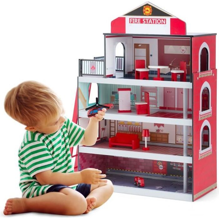 DREAMADE Caserne de Pompiers, Maison de Poupée avec Hélicoptère&Camion de Pompiers, Accessoire Riche,Jeux de Rôle pour Enfant 3 Ans+