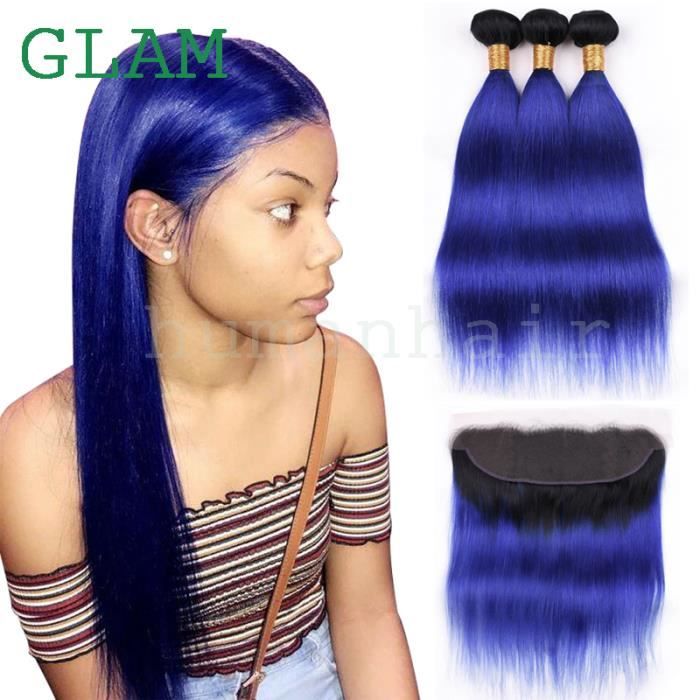 Tissage 3 piece 1b / bleu cheveux lisses cheveux humains vierge brésilienne 24 pouce avce 13x4 frontal 20 pouce