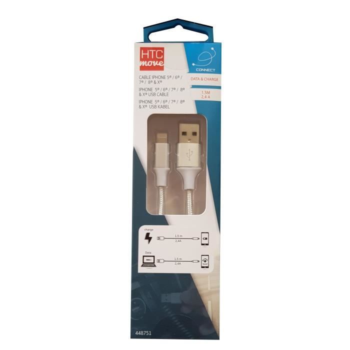 M500 Câble de charge et data avec adaptateur iPhone 5 / 6 / 7 / 8 / X 2,4 A - Connecteurs alu, câble tressé renforcé 1,5 m