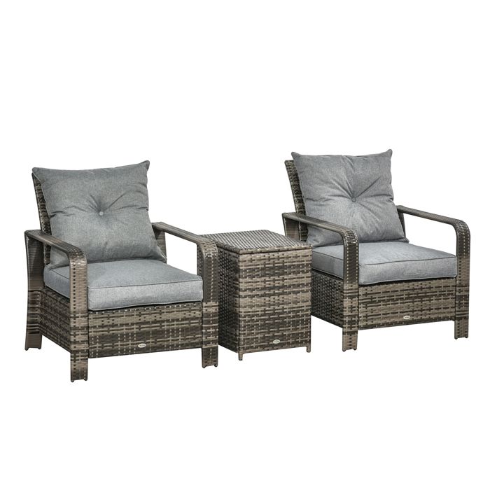 Ensemble de 2 fauteuils de jardin grand confort table basse coffre résine tressée imitation rotin coussins gris 73x82x87cm Gris
